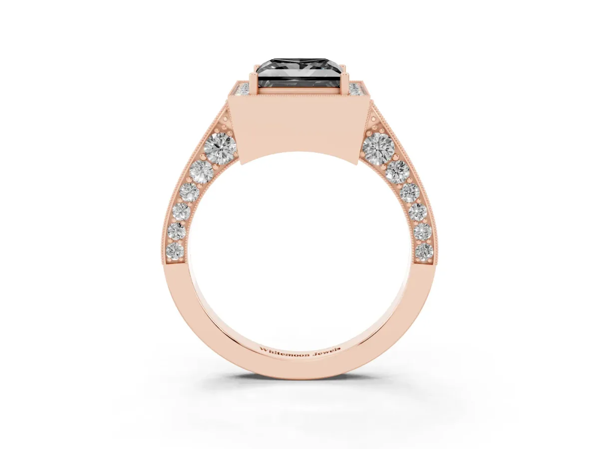 Fancy Black Princess Cut Halo Diamond Engagement Ring with Split Shank Band and Four-Prong Setting Rose gold
