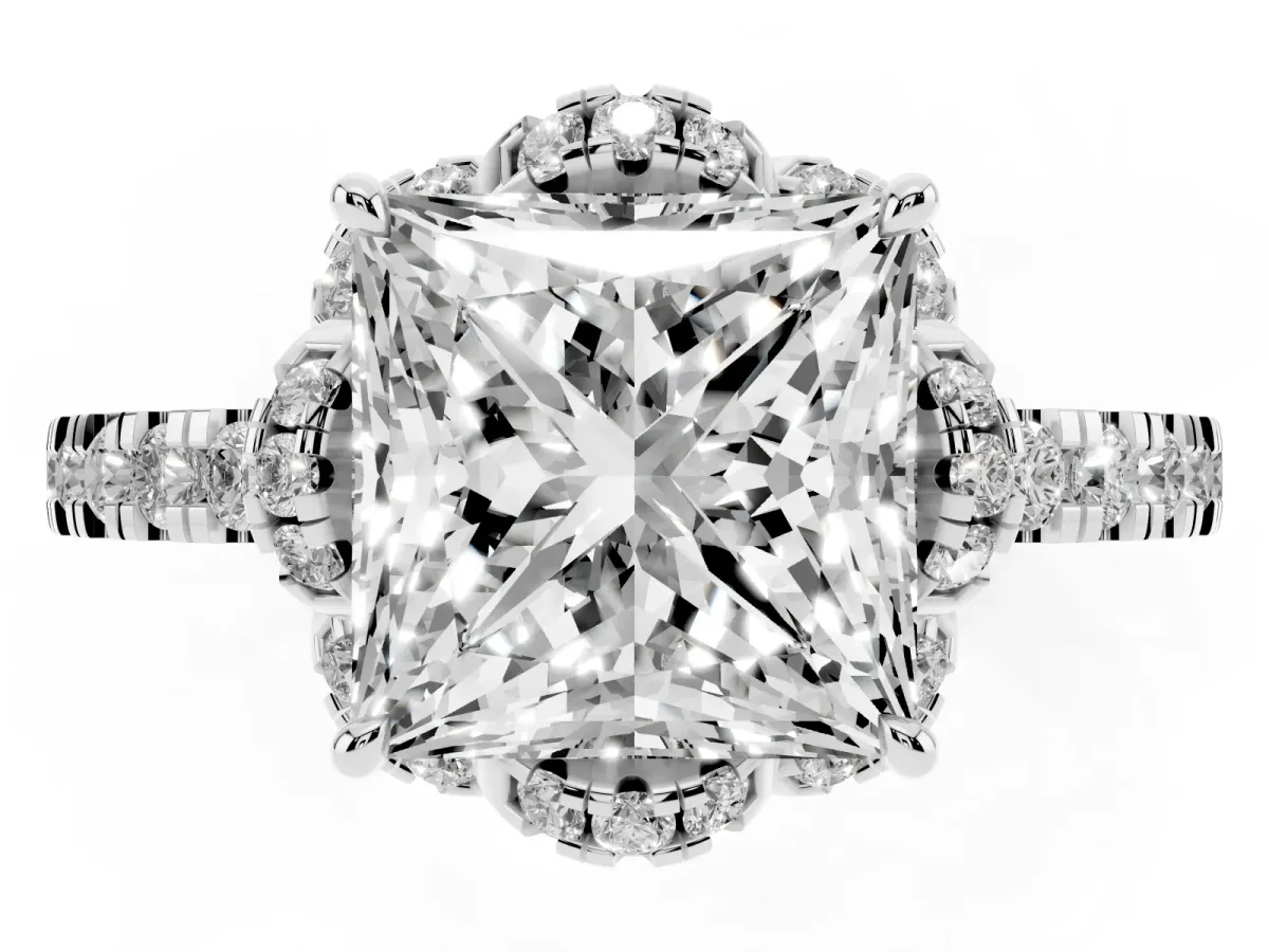 Princess Cut Diamond Halo Pave Band with Four-Prong Setting Silver