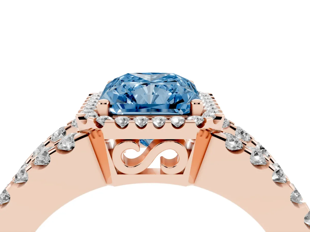 Fancy Blue Radiant Cut Cut Halo Split Shank Diamond Ring with Four-Prong Setting Rose gold