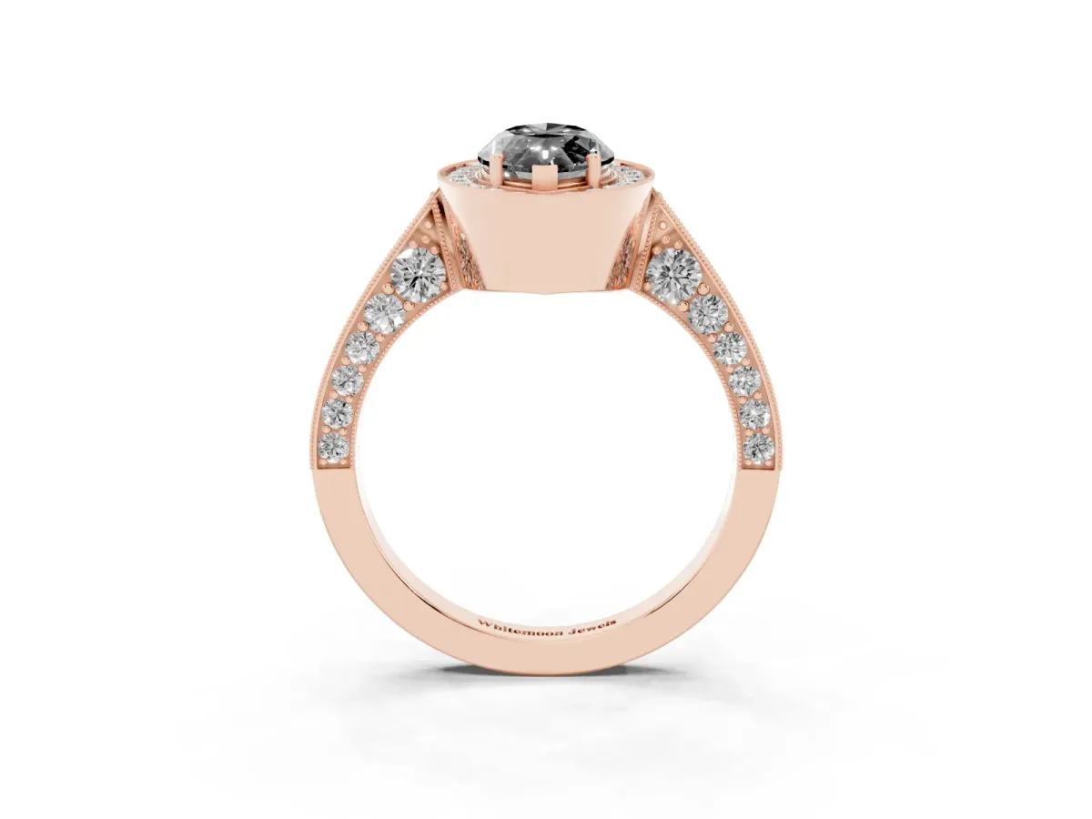 Fancy Black Marquise Cut Halo Diamond Engagement Ring with Split Shank Band and Four-Prong Setting Rose gold