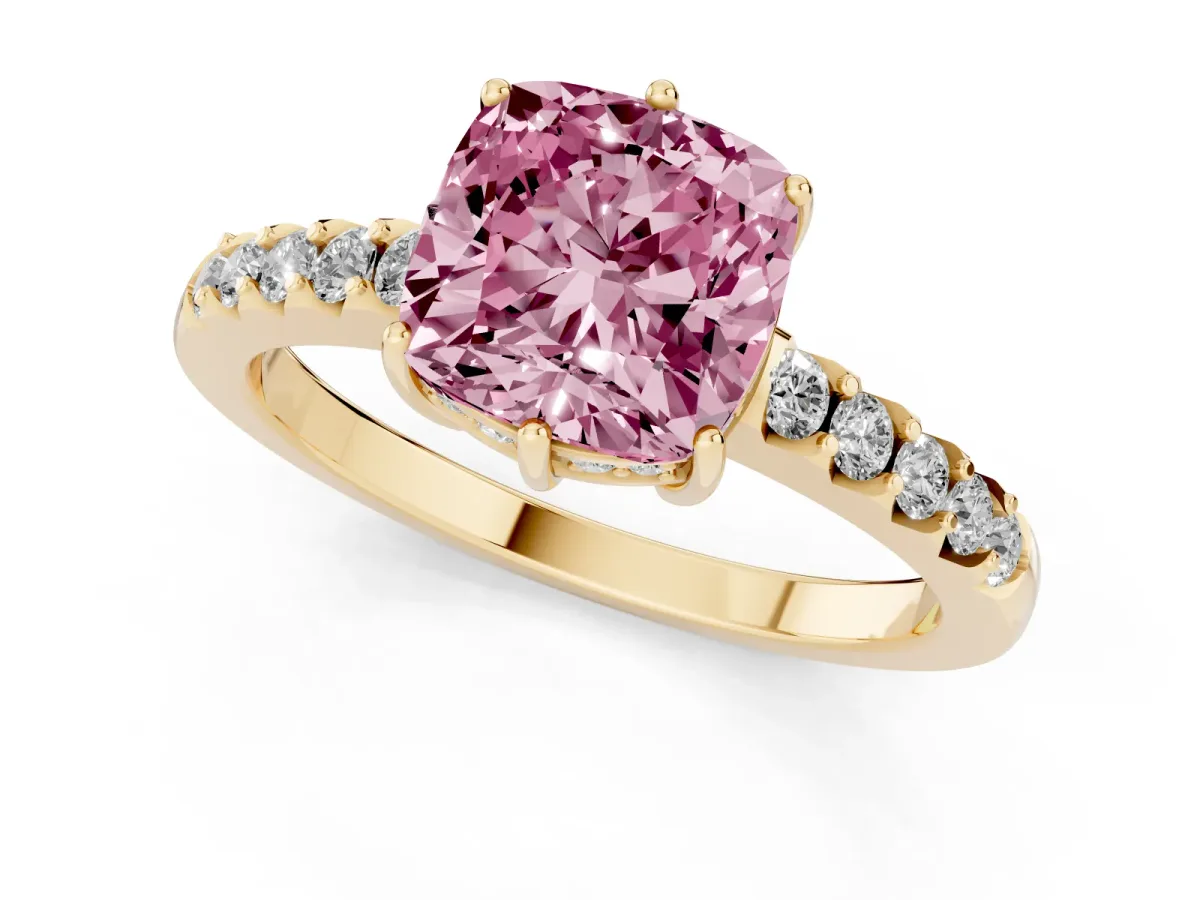 Fancy Pink Cushion Cut Solitaire Diamond Engagement Ring with Pavé Band and Six-Prong Setting Yellow gold