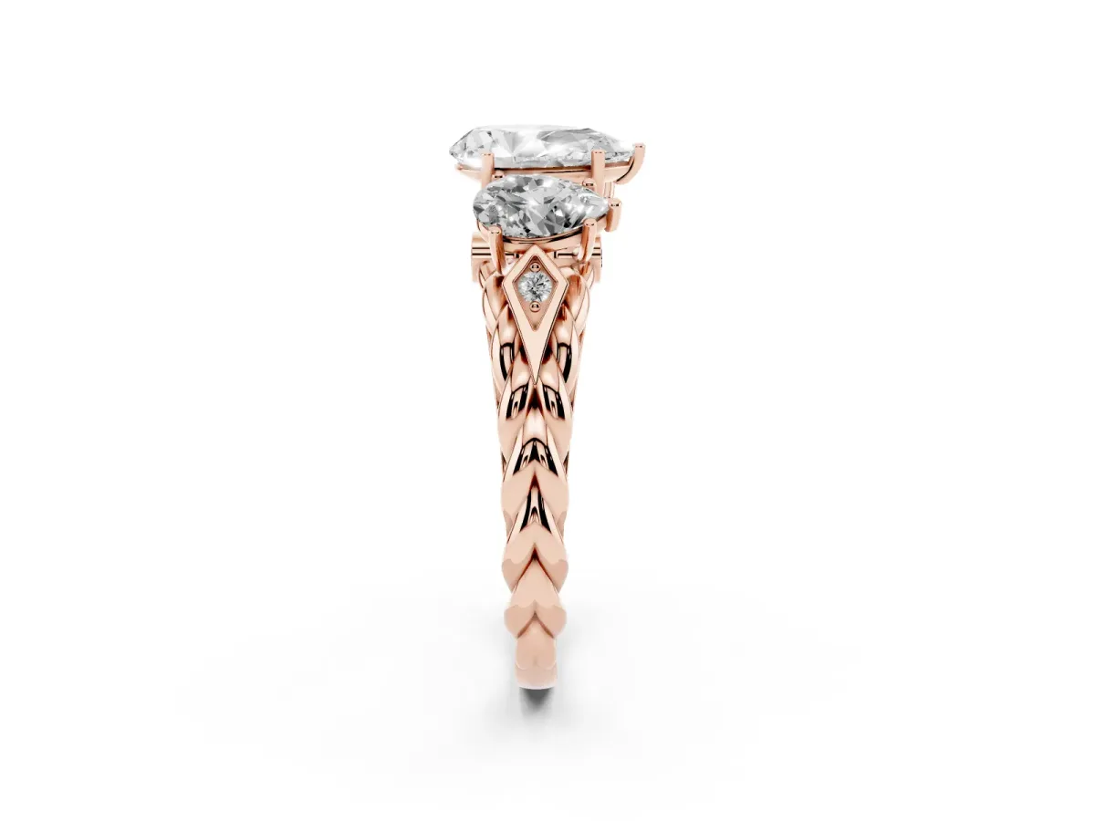 Three-Stone Pear Cut Diamond Braided Band Ring with Four-Prong Setting Rose gold