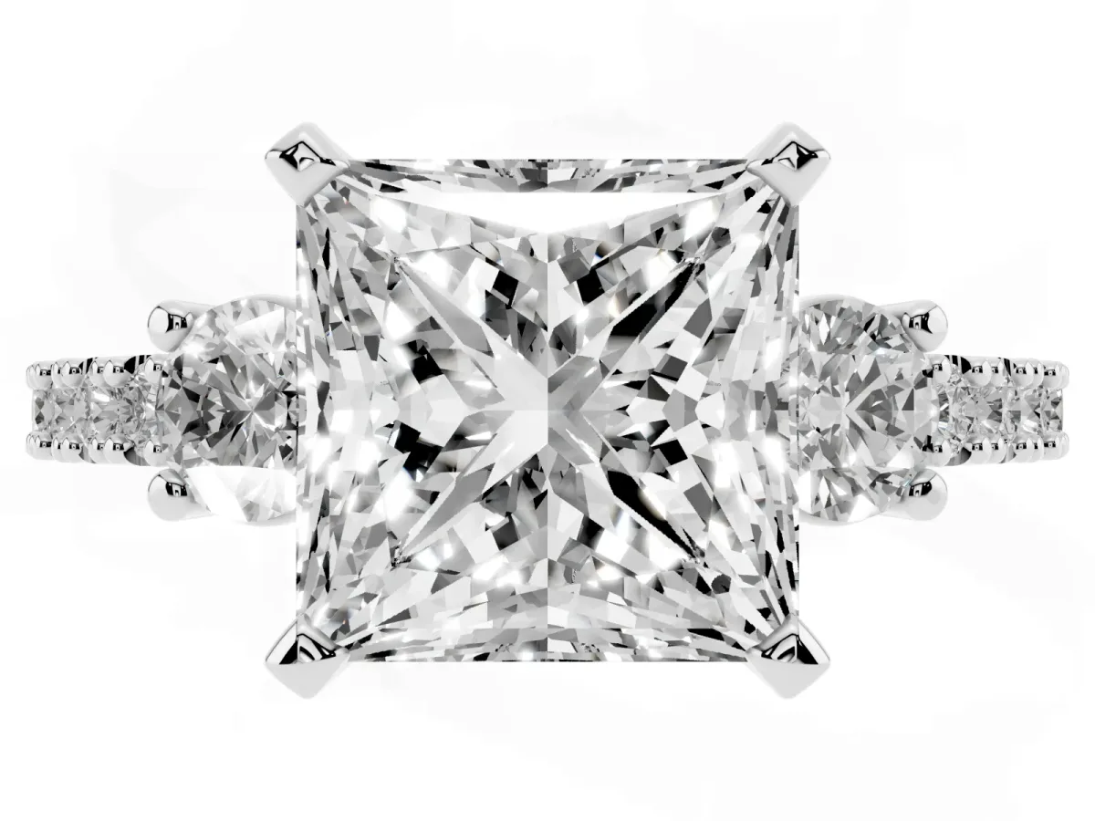 Princess Cut Three-Stone Diamond Pavé Band with Prong Setting White gold