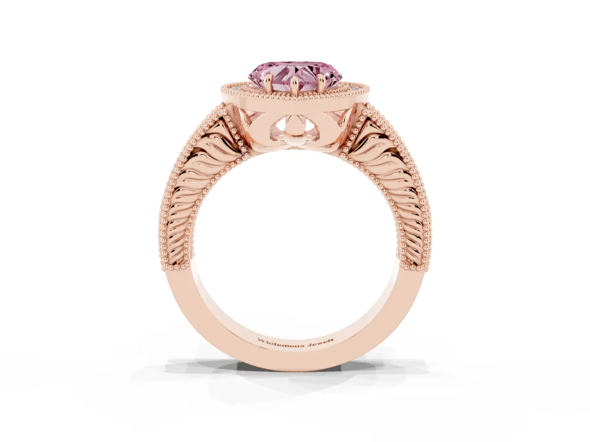 Fancy Pink Heart Cut Cut Halo Diamond Ring with Pavé Band and Four-Prong Setting Rose gold