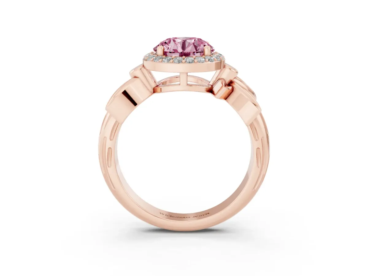 Fancy Pink Round Cut Halo Diamond Floral Band with Four-Prong Setting Rose gold