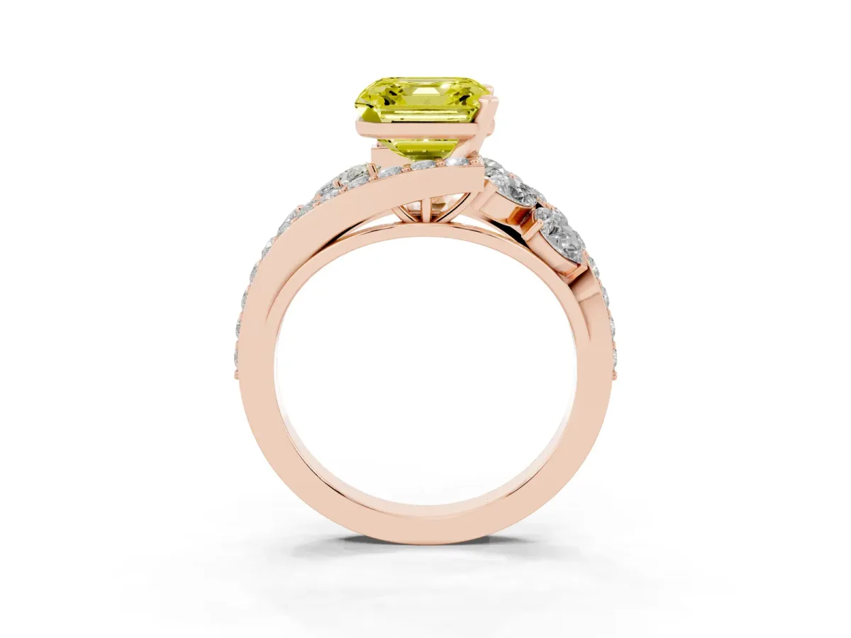 Fancy Yellow Asscher Cut Diamond Halo Ring with Marquise and Pavé Band in Prong Setting Rose gold