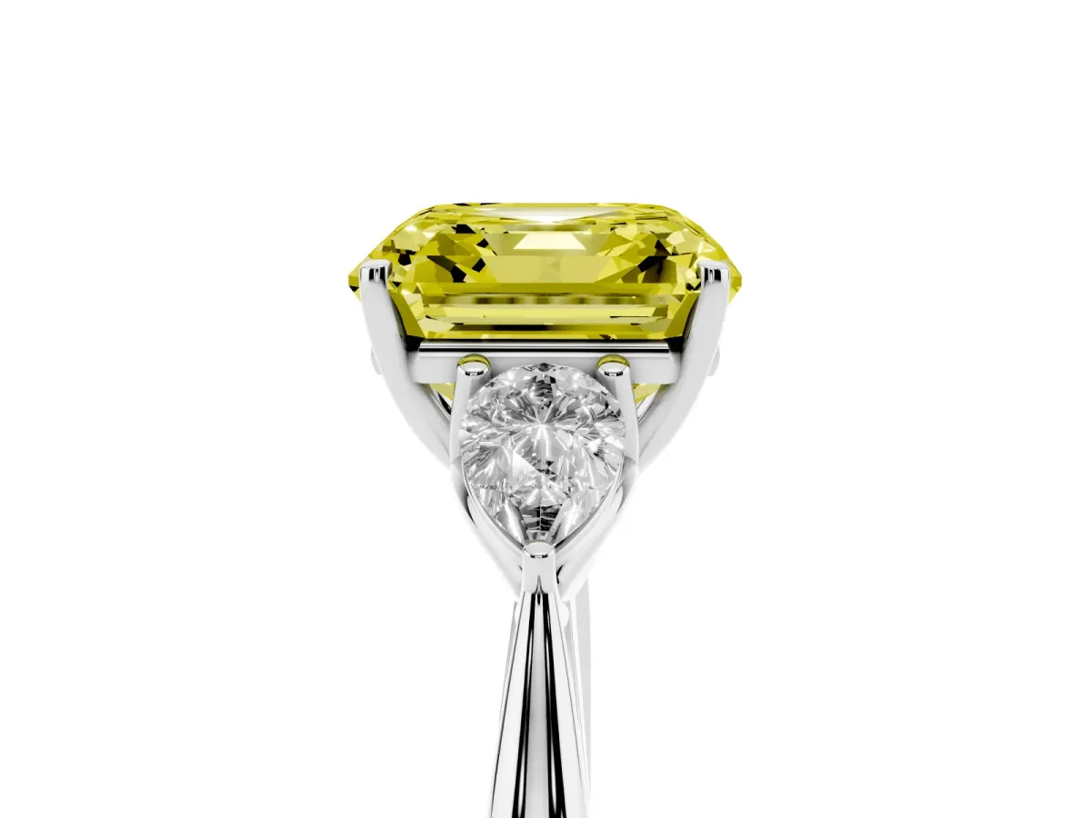 Fancy Yellow Three-Stone Asscher Cut Diamond Ring with Pear Side Stones in Four-Prong Setting Silver