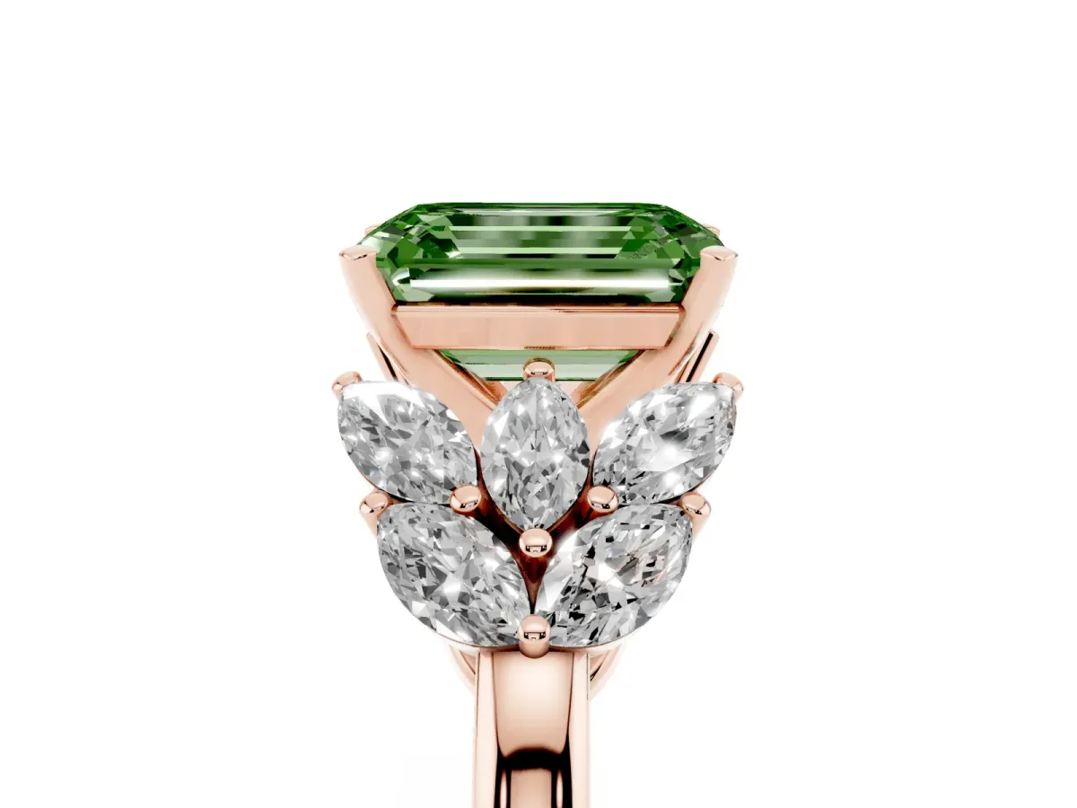 Fancy Green Emerald Cut Diamond Cluster Leaf Design Ring with Prong Setting Rose gold