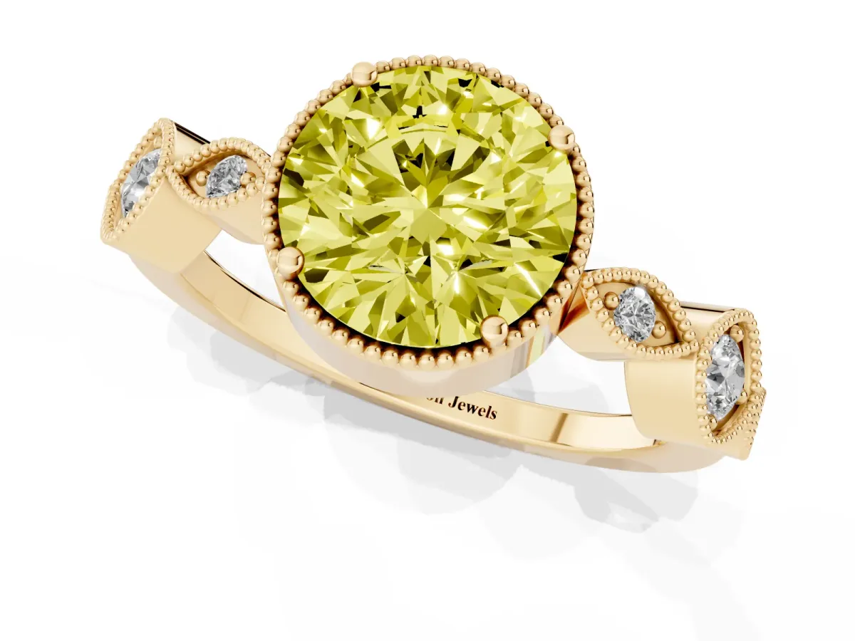 Fancy Yellow Round Cut Diamond Vintage Milgrain Ring with Round Stations Yellow gold
