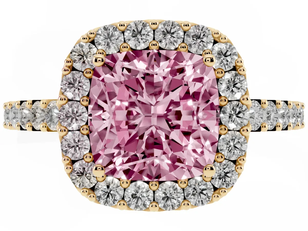 Fancy Pink Cushion Cut Halo Diamond Pavé Solitaire Ring Yellow gold