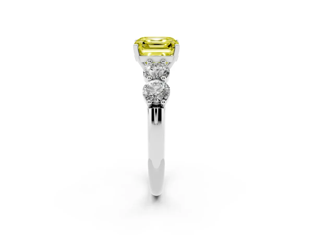 Fancy Yellow Asscher Cut Cut Five-Stone Prong Set Diamond Ring with Classic Band White gold