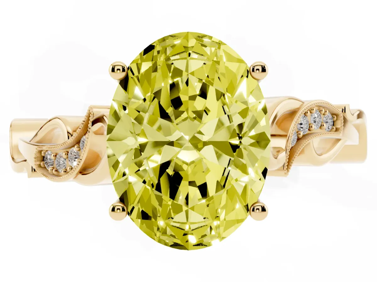 Fancy Yellow Oval Cut Solitaire Vine Band with Milgrain Prong Setting Yellow gold