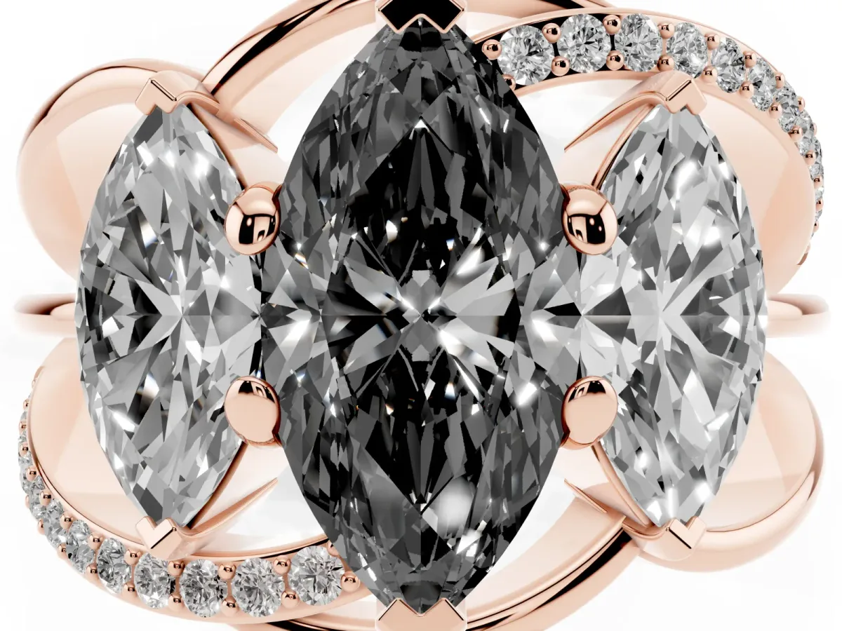 Fancy Black Three-Stone Marquise Cut Cut Diamond Split Shank Prong Set Ring Rose gold