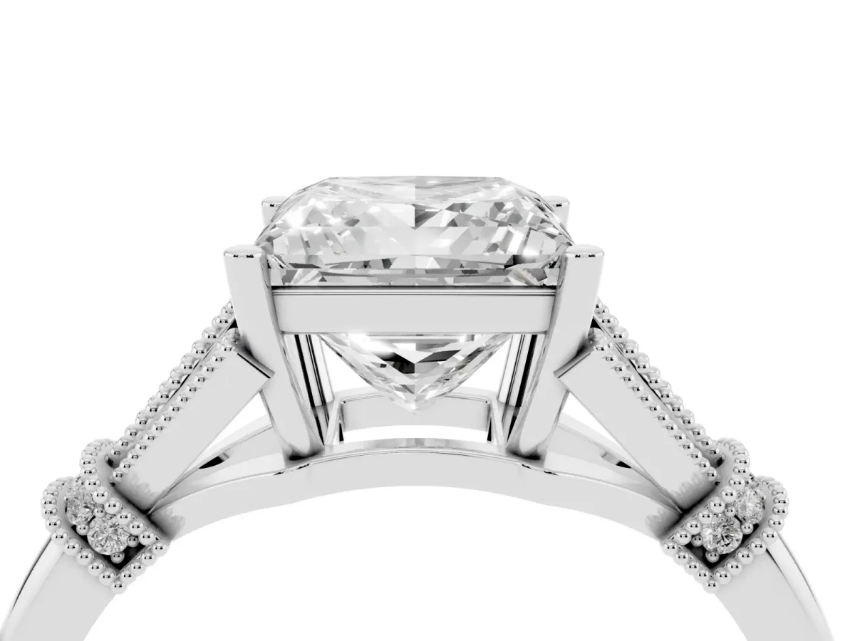 Princess Cut Diamond Solitaire Ring with Floral Filigree and Pave Accents White gold