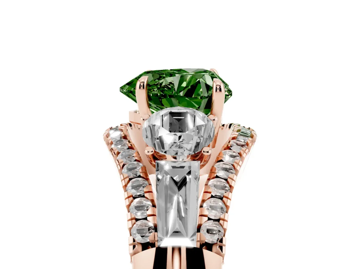 Fancy Green Three-Stone Heart Cut Diamond Engagement Ring with Pave Band and Prong Setting Rose gold