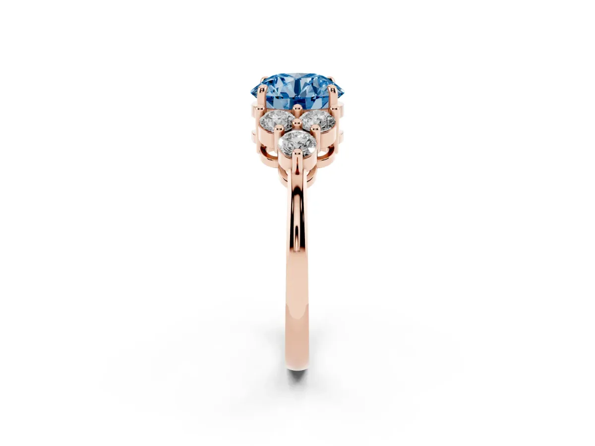 Fancy Blue Round Cut Brilliant Diamond Cluster Accent Solitaire Ring with Prong Setting Rose gold