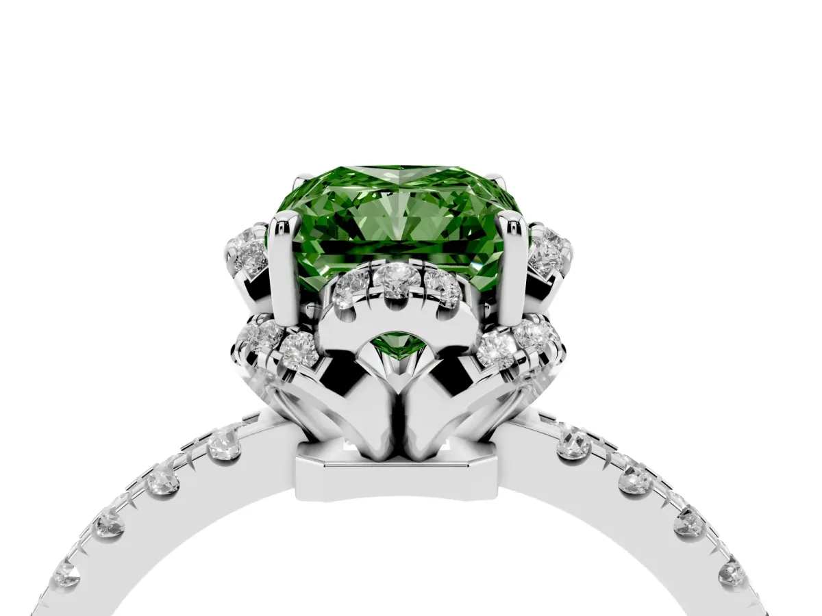 Fancy Green Radiant Cut Halo Diamond Pave Band Ring with Four-Prong Setting Platinum