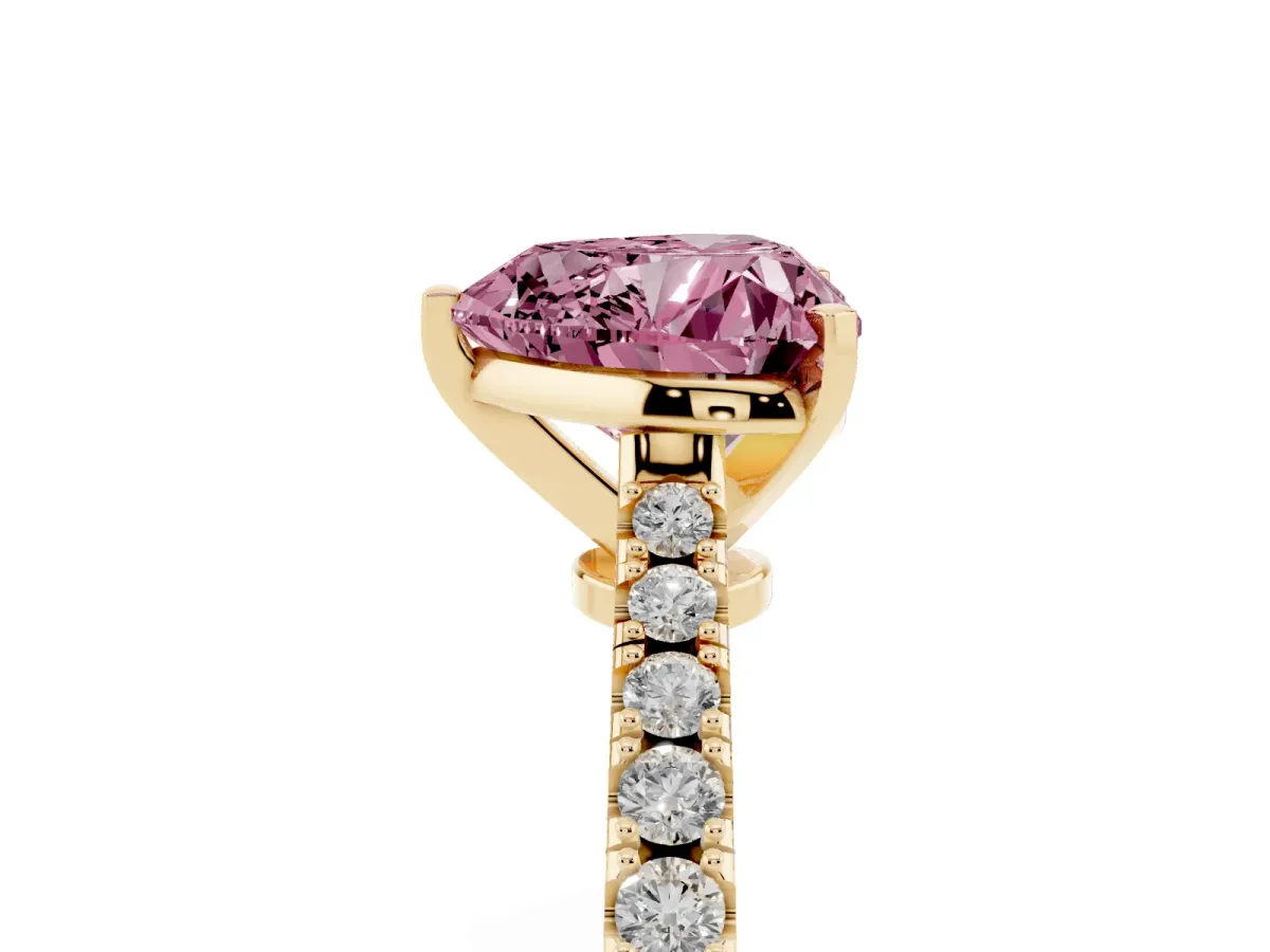 Fancy Pink Heart Cut Cut Solitaire Diamond Engagement Ring with Pave Band and Four-Prong Setting Yellow gold