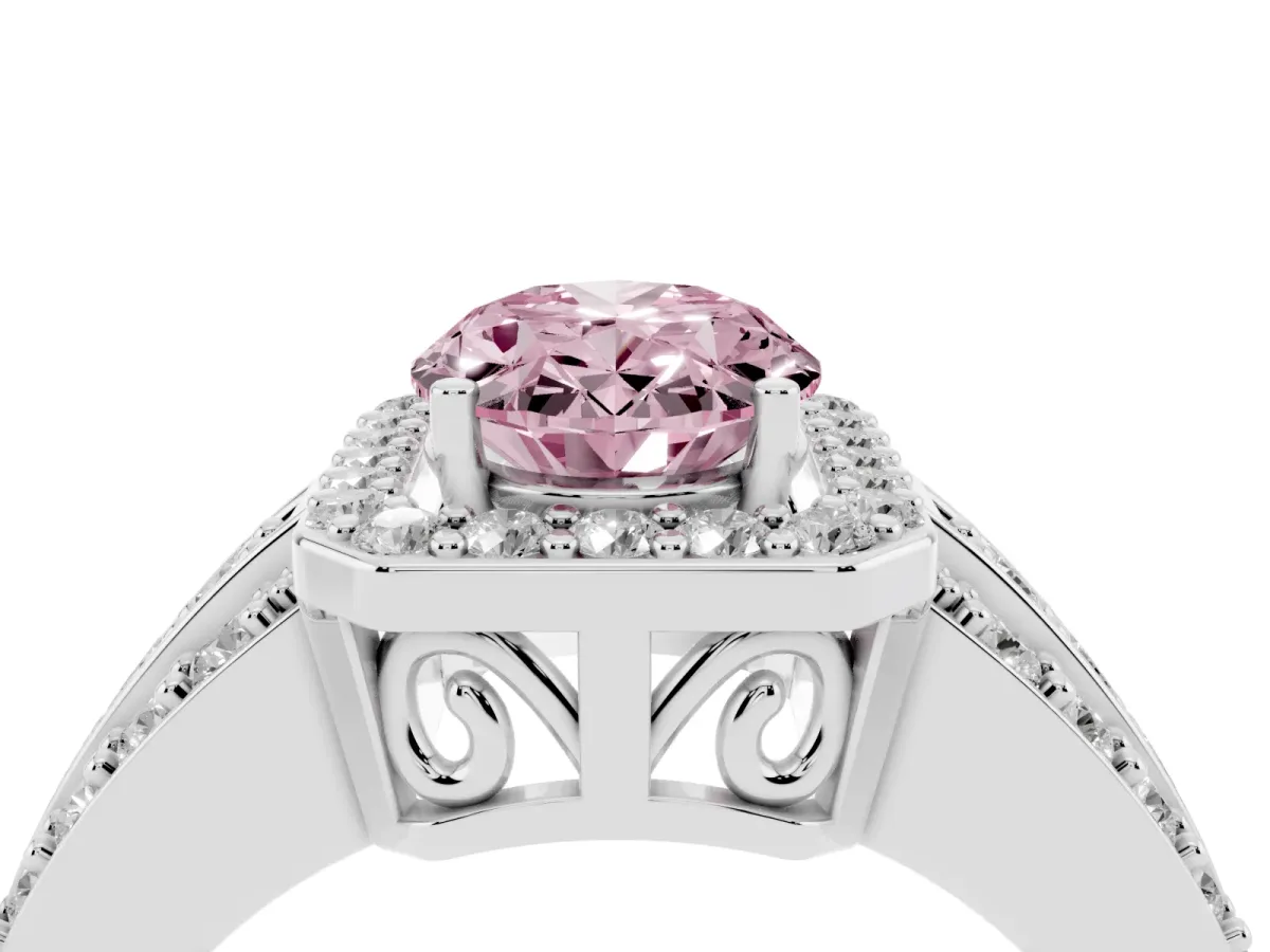 Fancy Pink Oval Cut Halo Diamond Ring with Round Split Shank and Prong Setting Platinum