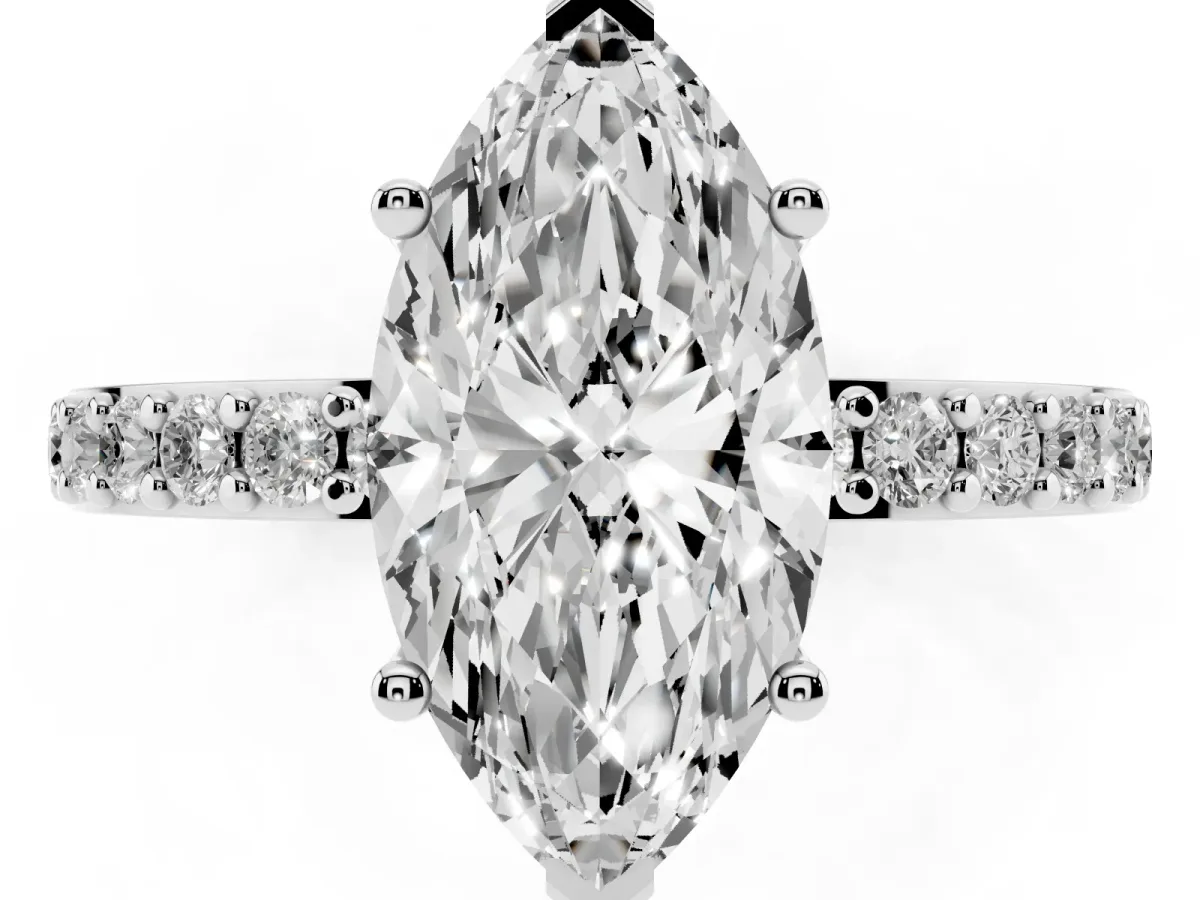 Marquise Cut Cut Diamond Solitaire with Pave Band and Four-Prong Setting Silver