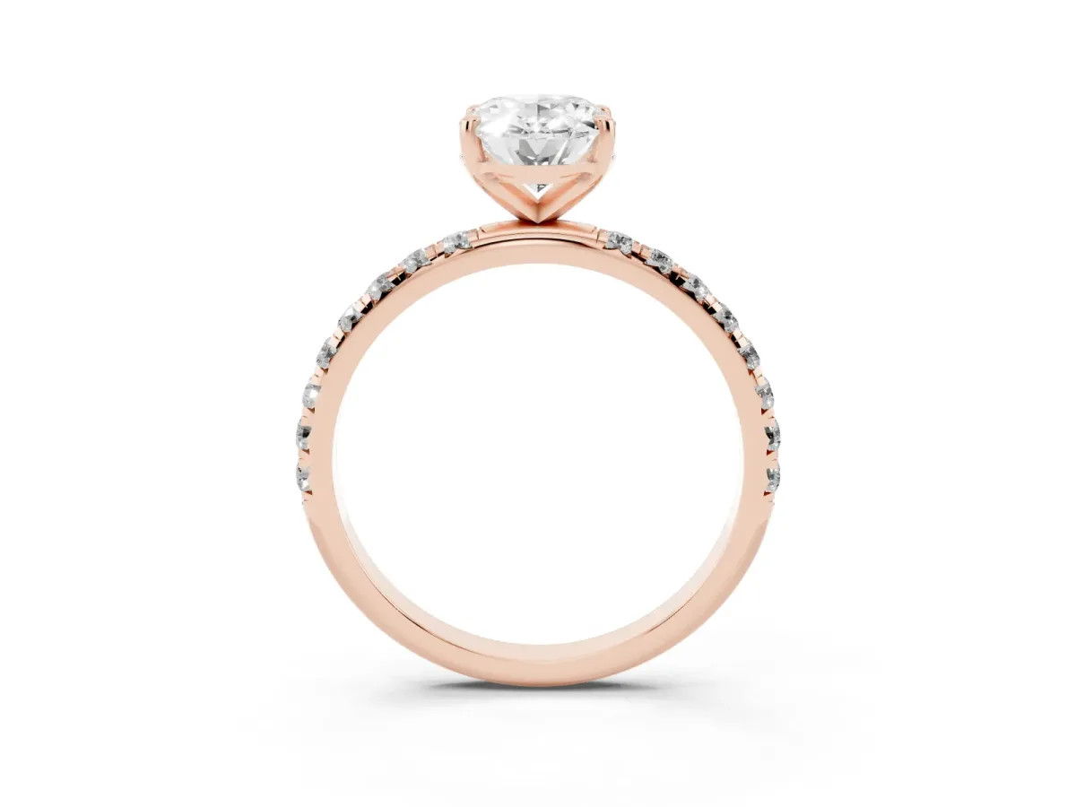 Oval Cut Cut Diamond Solitaire Ring with Micro Pave Band and Four Prong Setting Rose gold