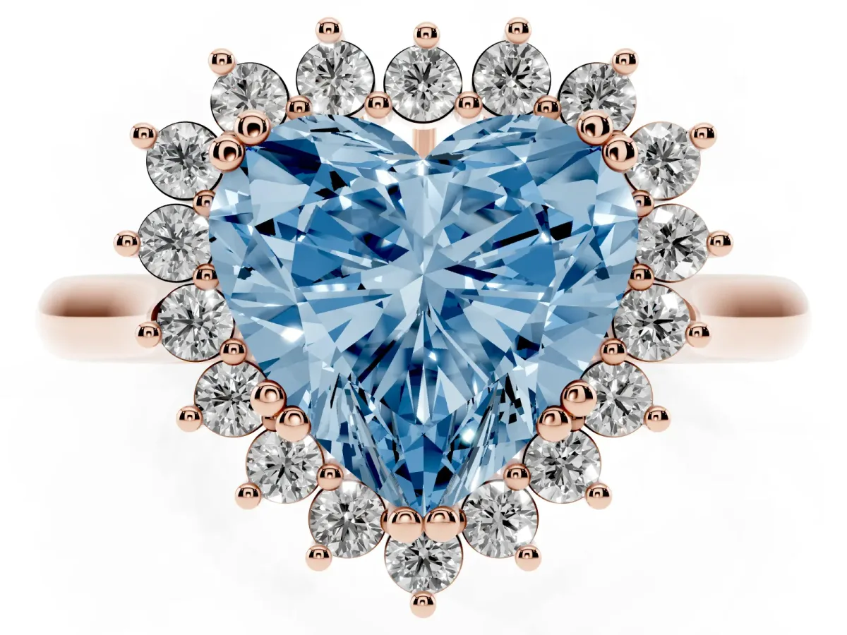 Fancy Blue Heart Cut Cut Diamond Halo Ring with Solitaire Band and Prong Setting Rose gold