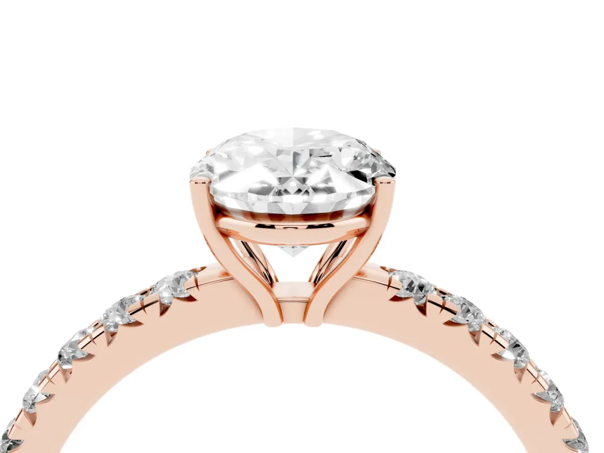 Oval Cut Diamond Pavé Solitaire Engagement Ring with Four-Prong Setting Rose gold