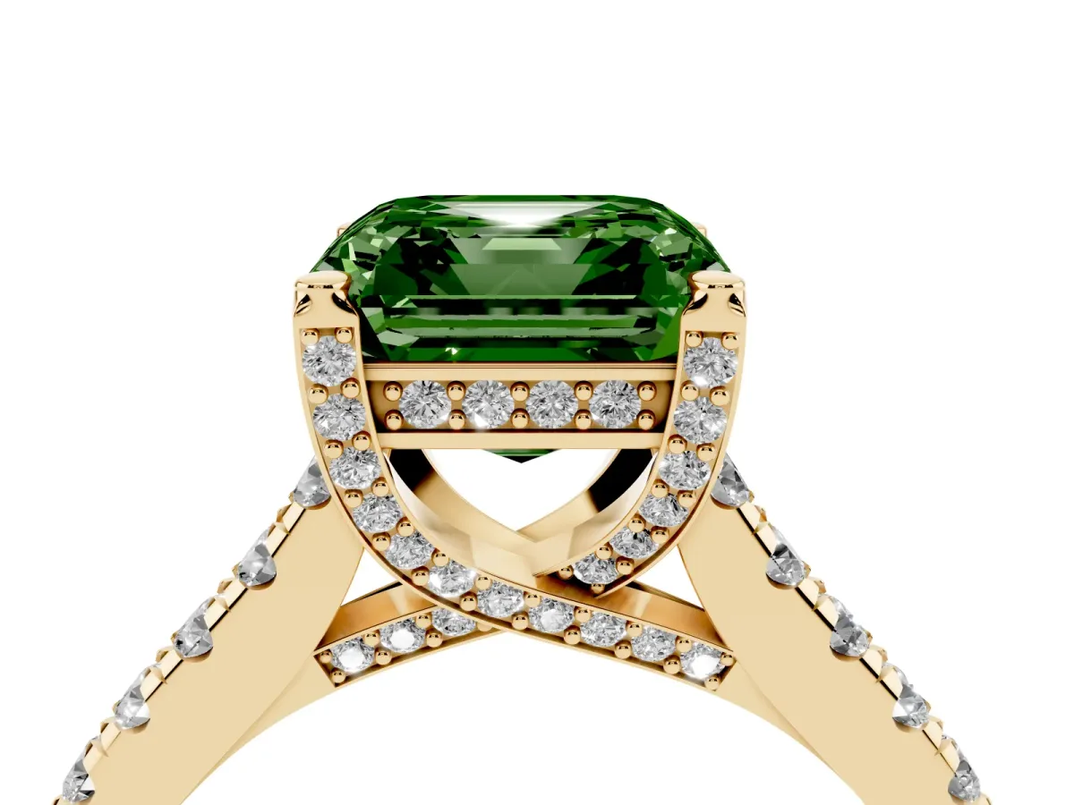 Fancy Green Asscher Cut Brilliant Diamond Solitaire with Pavé Band and Four-Prong Setting Yellow gold