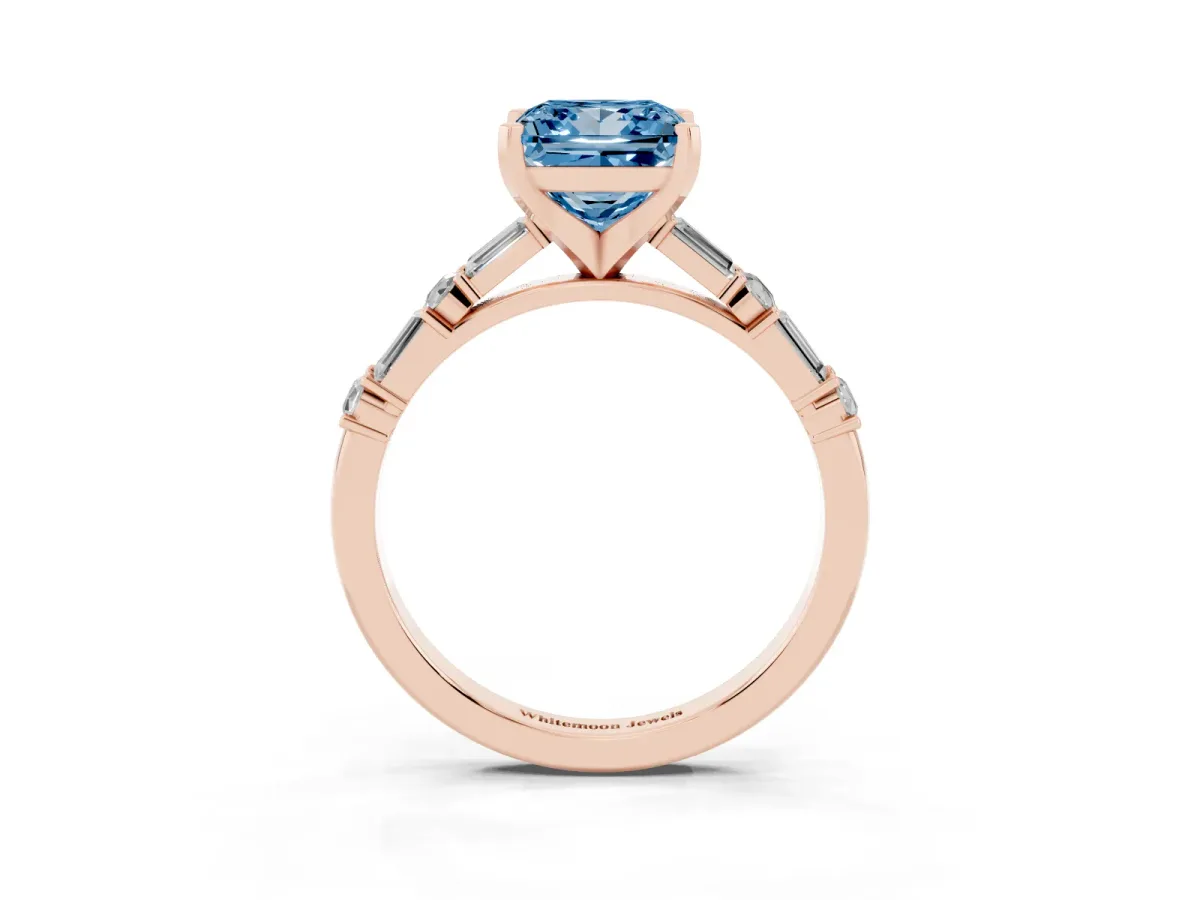 Fancy Blue Princess Cut Diamond Solitaire with Side Baguettes and Channel Set Band Rose gold