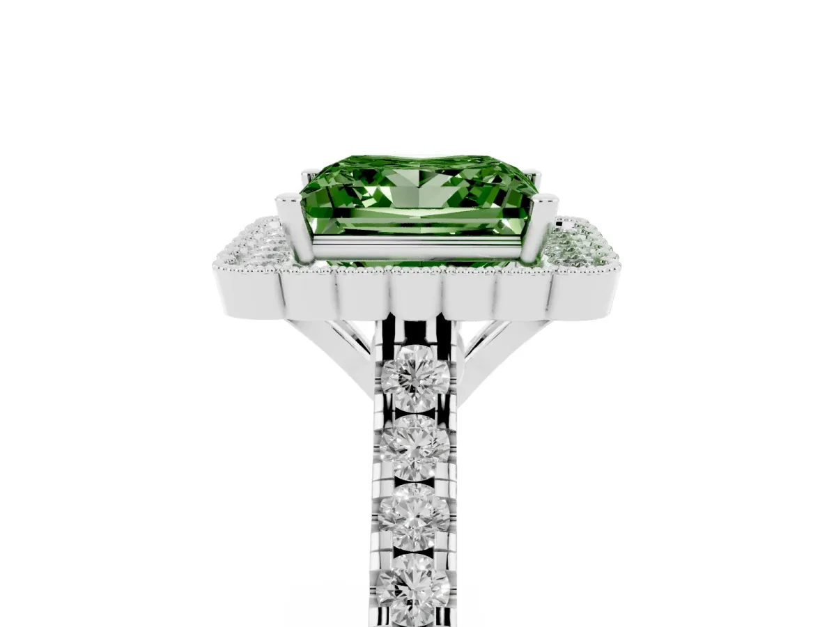 Fancy Green Princess Cut Cut Diamond Milgrain Floral Halo Engagement Ring with Pavé Band Silver