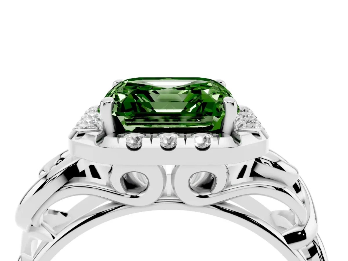 Fancy Green Asscher Cut Cut Halo Diamond Ring with Scrollwork Band and Four-Prong Setting Silver