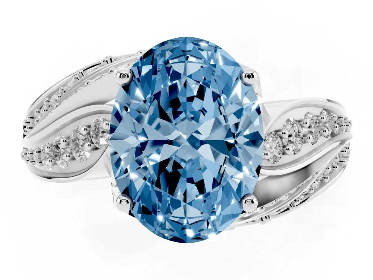 Fancy Blue Oval Cut Diamond Solitaire Ring with Prong Setting and Twisted Pavé Band Silver