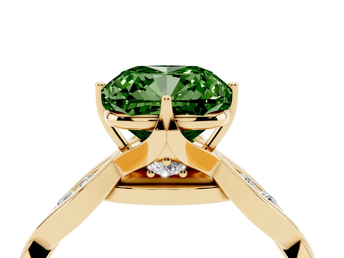 Fancy Green Cushion Cut Solitaire Twist Band with Leaf Prong Setting Yellow gold