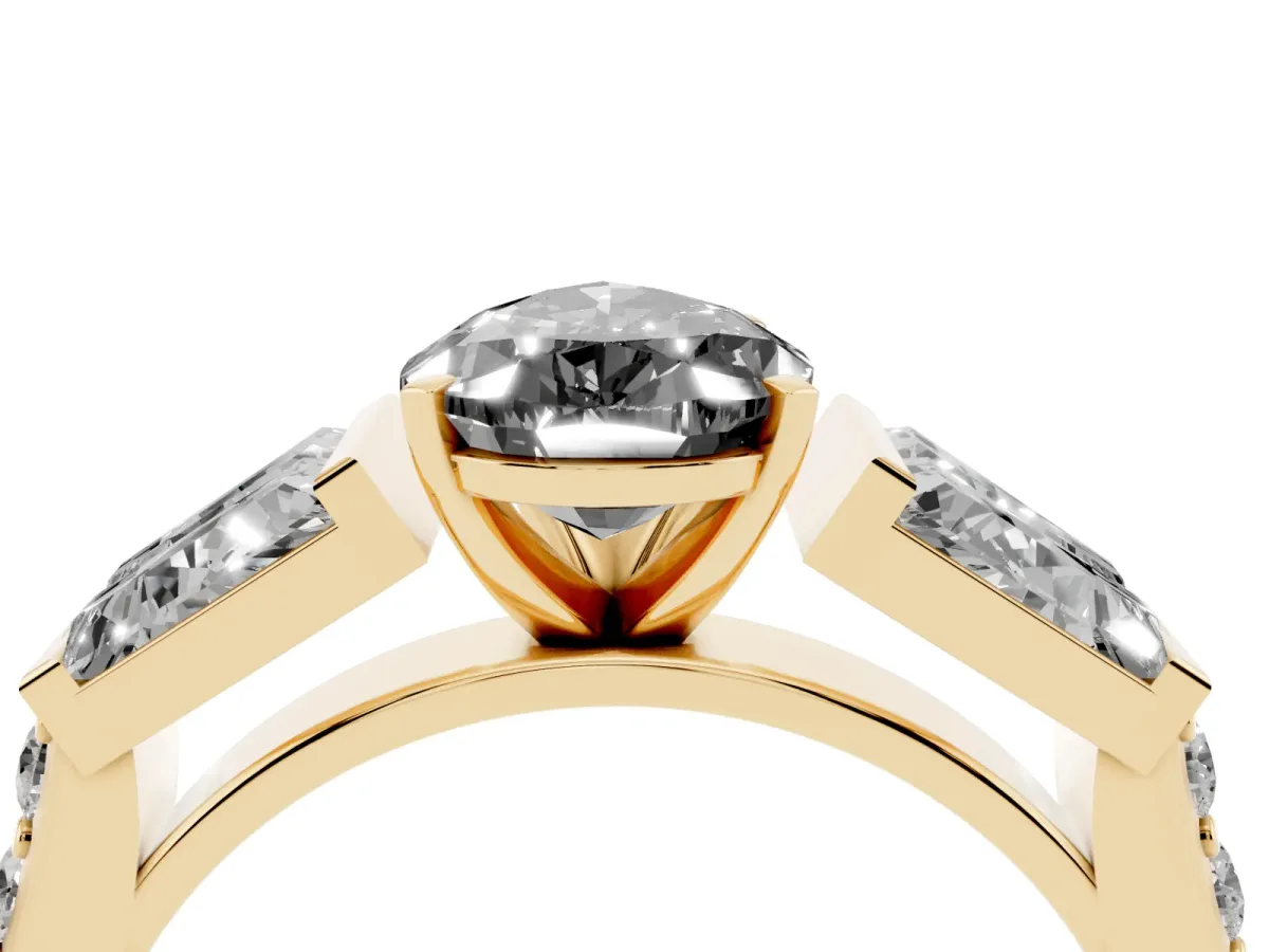 Fancy Black Pear Cut Diamond Engagement Ring with Baguette Side Stones and Channel Set Band Yellow gold