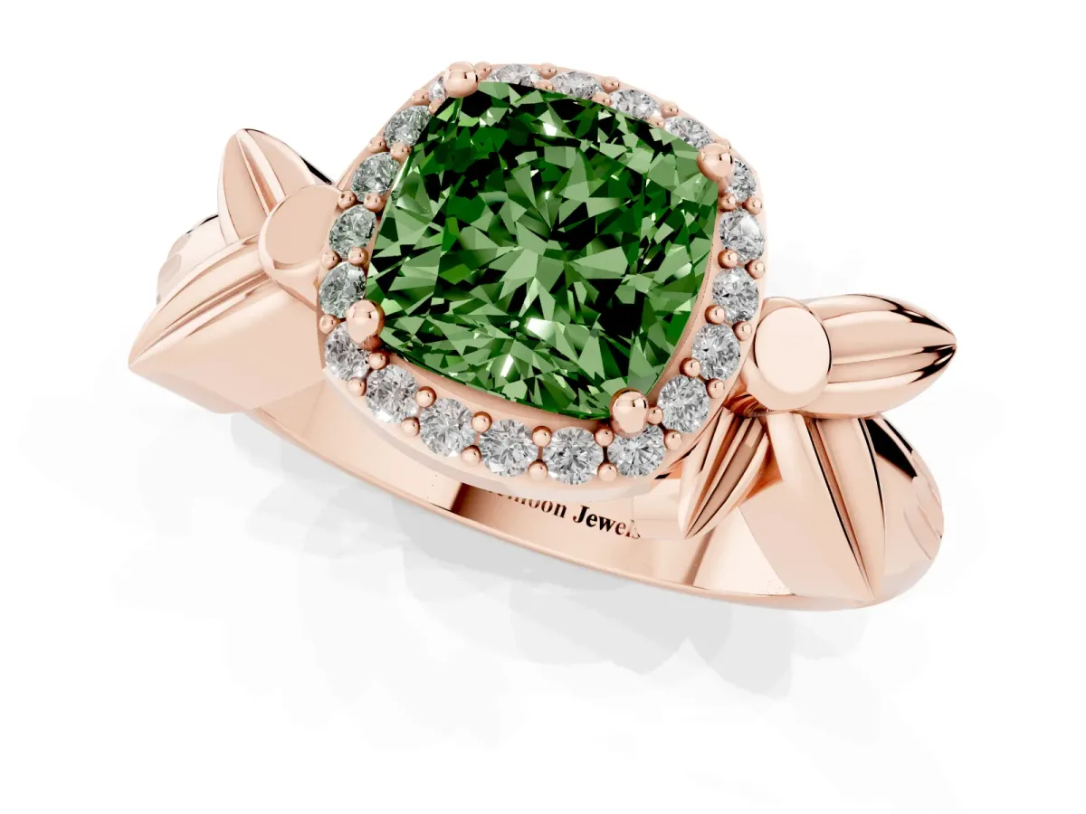 Fancy Green Cushion Cut Halo Diamond Floral Band with Four-Prong Setting Rose gold