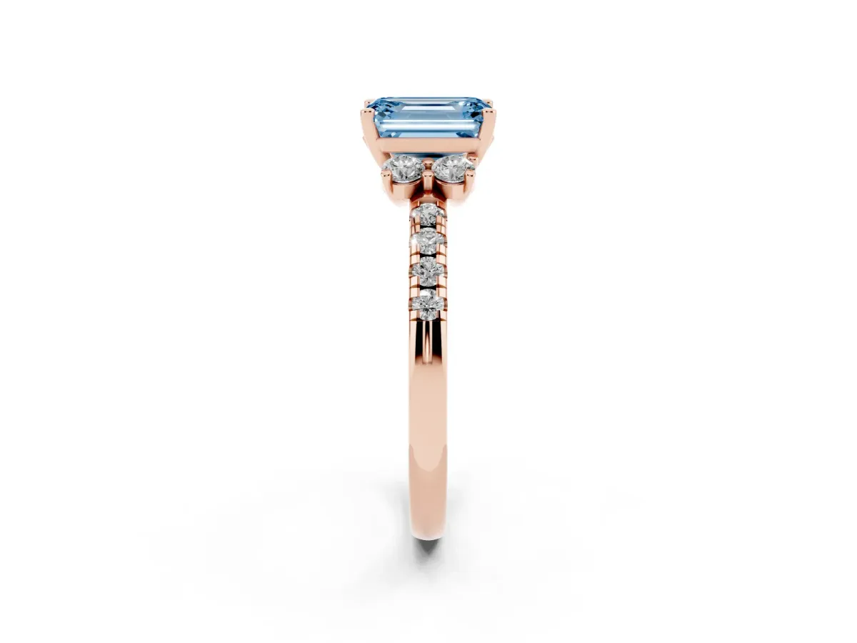 Fancy Blue Emerald Cut Diamond Three-Stone Pave Band with Four-Prong Setting Rose gold