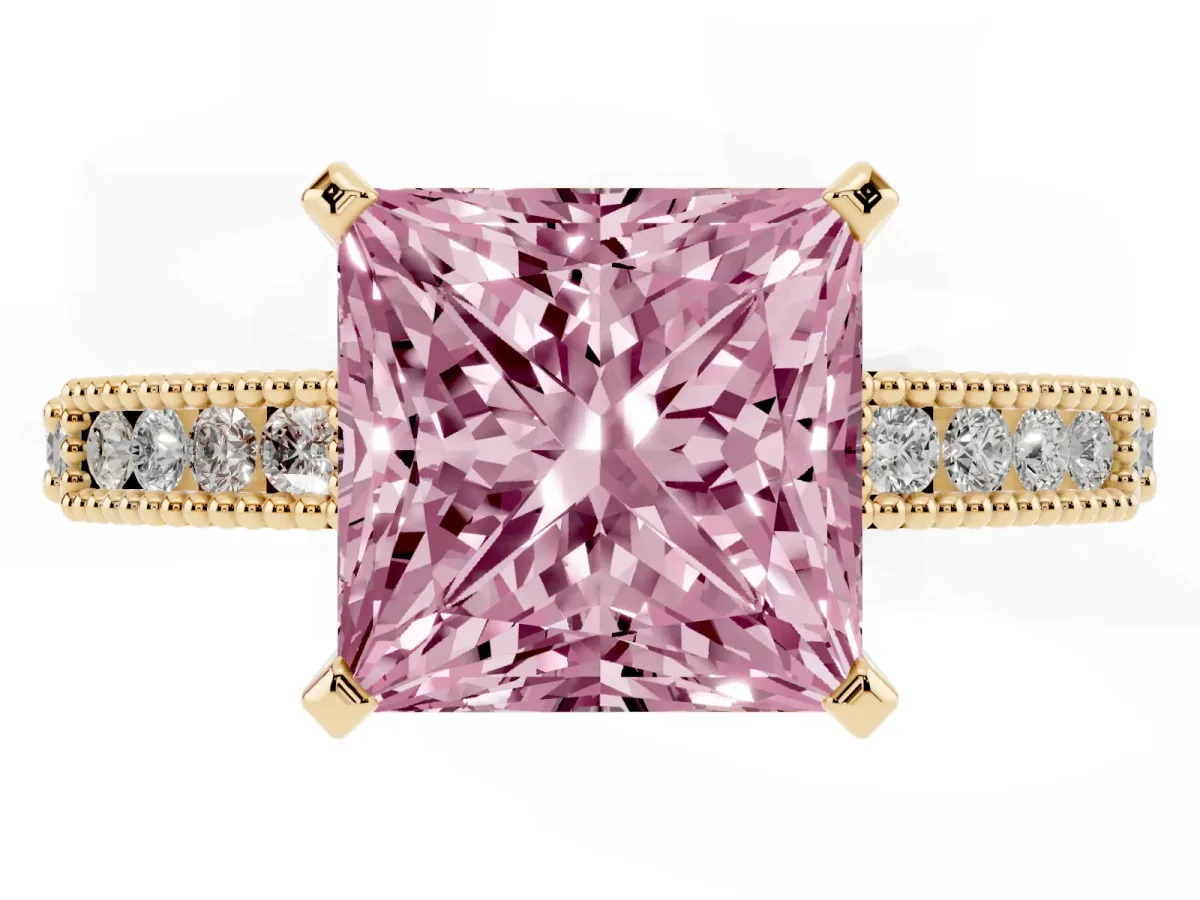 Fancy Pink Princess Cut Solitaire with Pavé Band and Four-Prong Setting Yellow gold