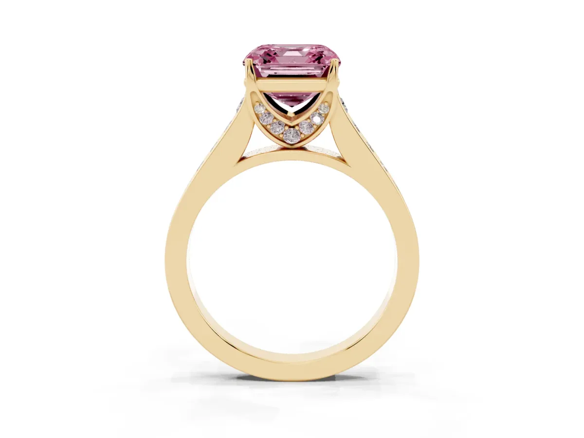 Fancy Pink Asscher Cut Brilliant Cut Diamond Engagement Ring with Pavé Band and Four-Prong Setting Yellow gold