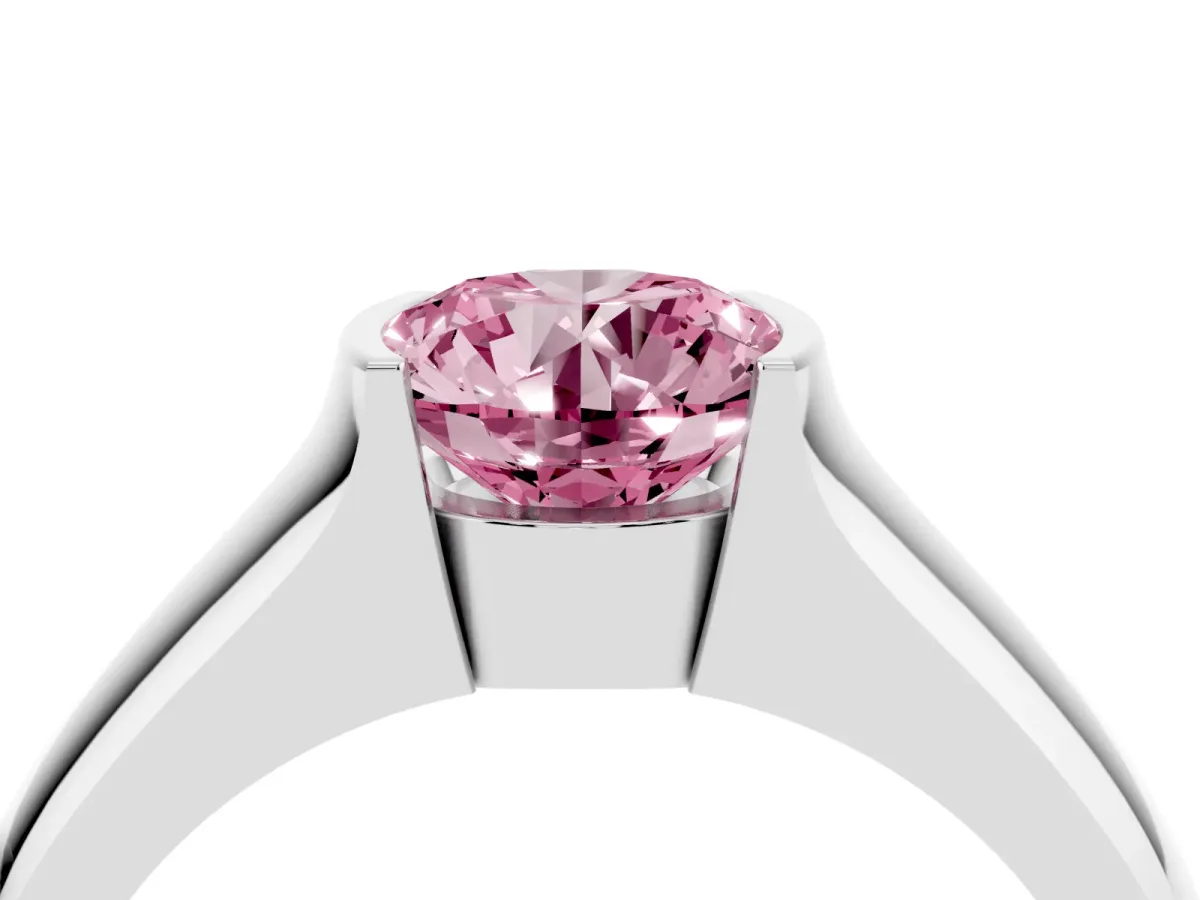 Fancy Pink Round Cut Solitaire Bezel Set Diamond Ring with Wide Band Silver