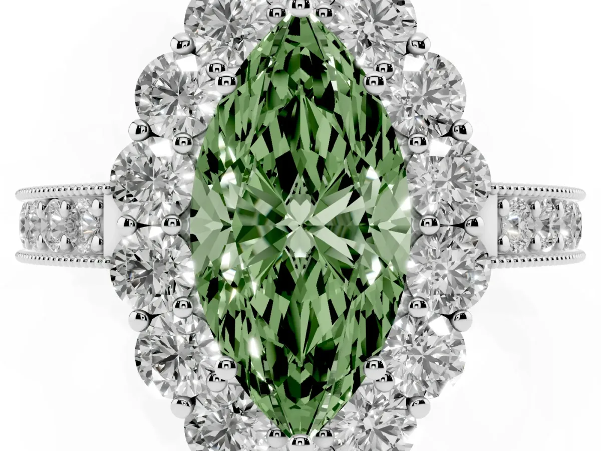 Fancy Green Marquise Cut Cut Halo Diamond Pavé Engagement Ring with Milgrain Detailing Silver