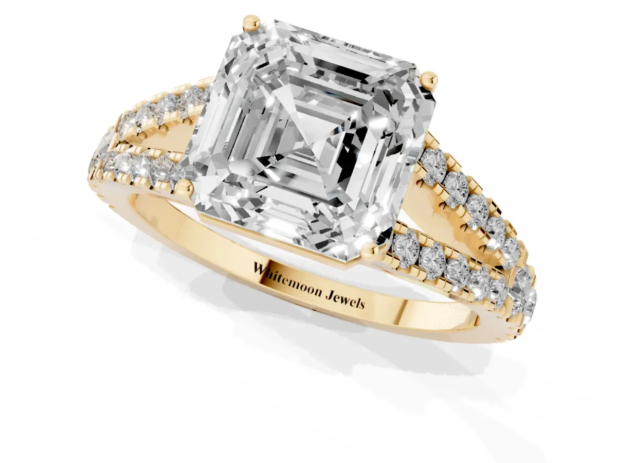 Asscher Cut Diamond Split Shank Engagement Ring with Round Pavé and Prong Setting Yellow gold