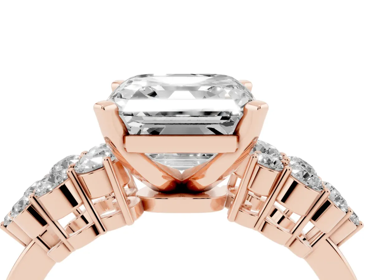 Asscher Cut Cluster Diamond Engagement Ring with Pavé Band and Four-Prong Setting Rose gold
