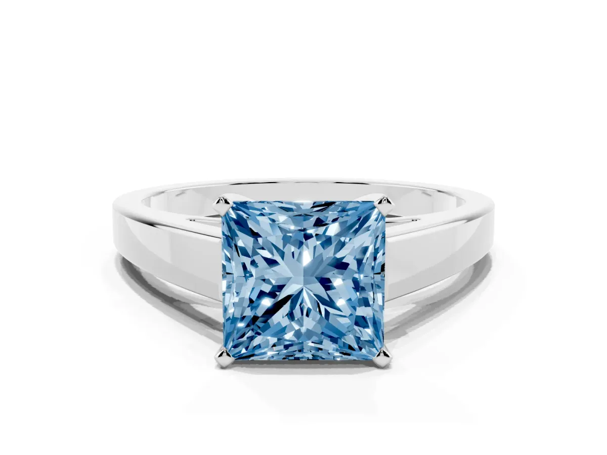 Fancy Blue Princess Cut Solitaire Engagement Ring with Four-Prong Setting and Tapered Band Platinum