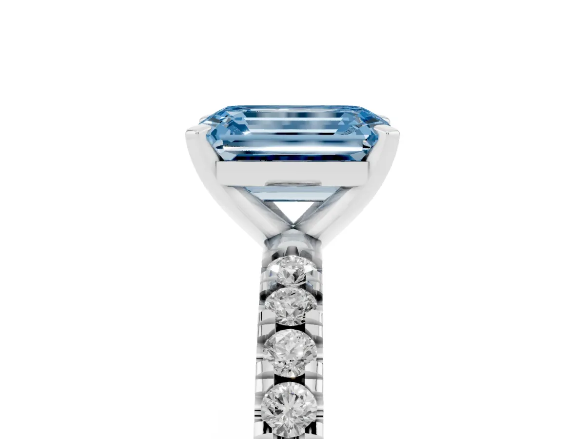 Fancy Blue Emerald Cut Diamond Pavé Band Solitaire with Four-Prong Setting Silver