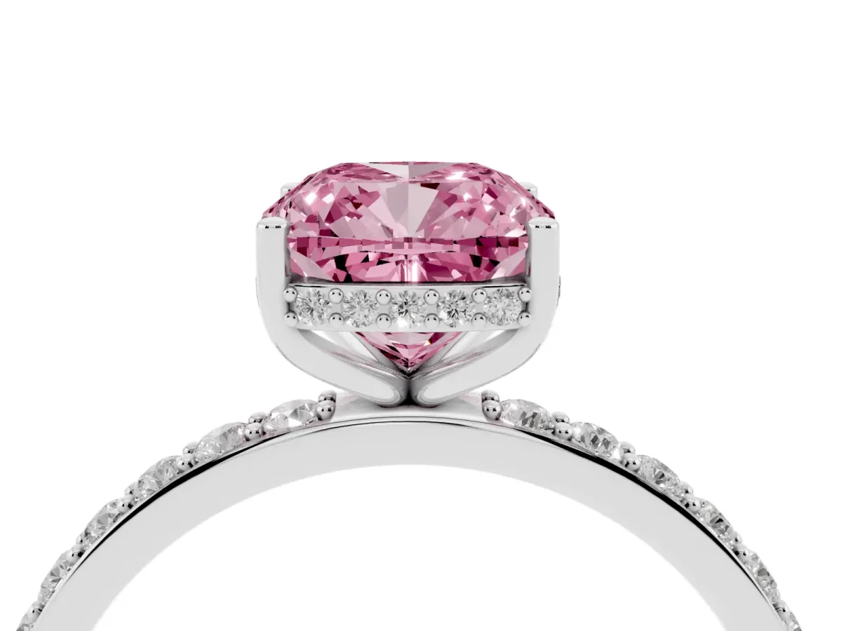 Fancy Pink Cushion Cut Diamond Solitaire Ring with Pavé Band and Hidden Halo White gold