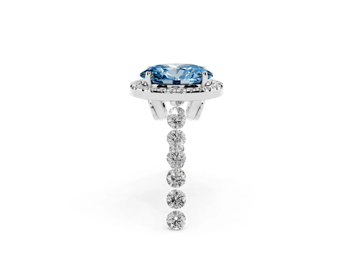 Fancy Blue Oval Cut Halo Pavé Diamond Engagement Ring with Four-Prong Setting Silver
