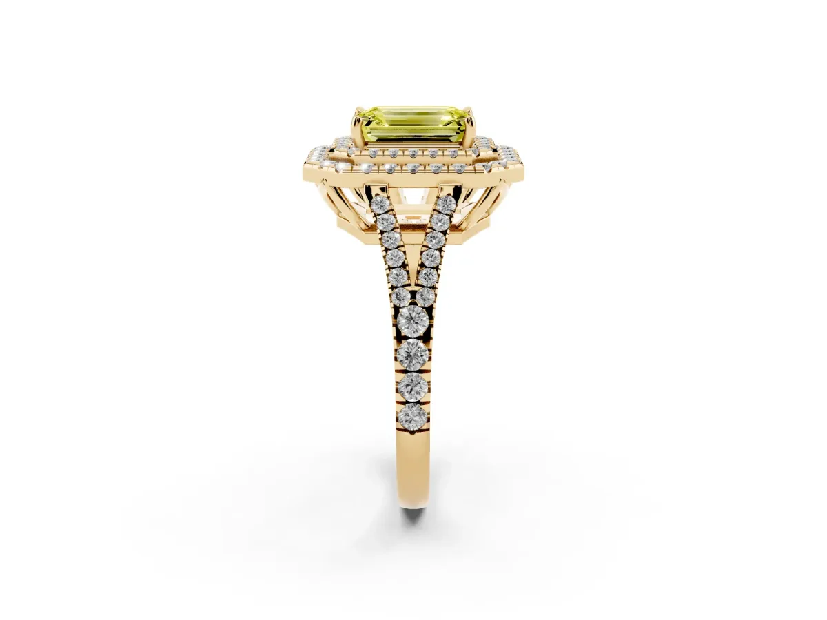 Fancy Yellow Emerald Cut Diamond Double Halo Ring with Pavé Band and Prong Setting Yellow gold