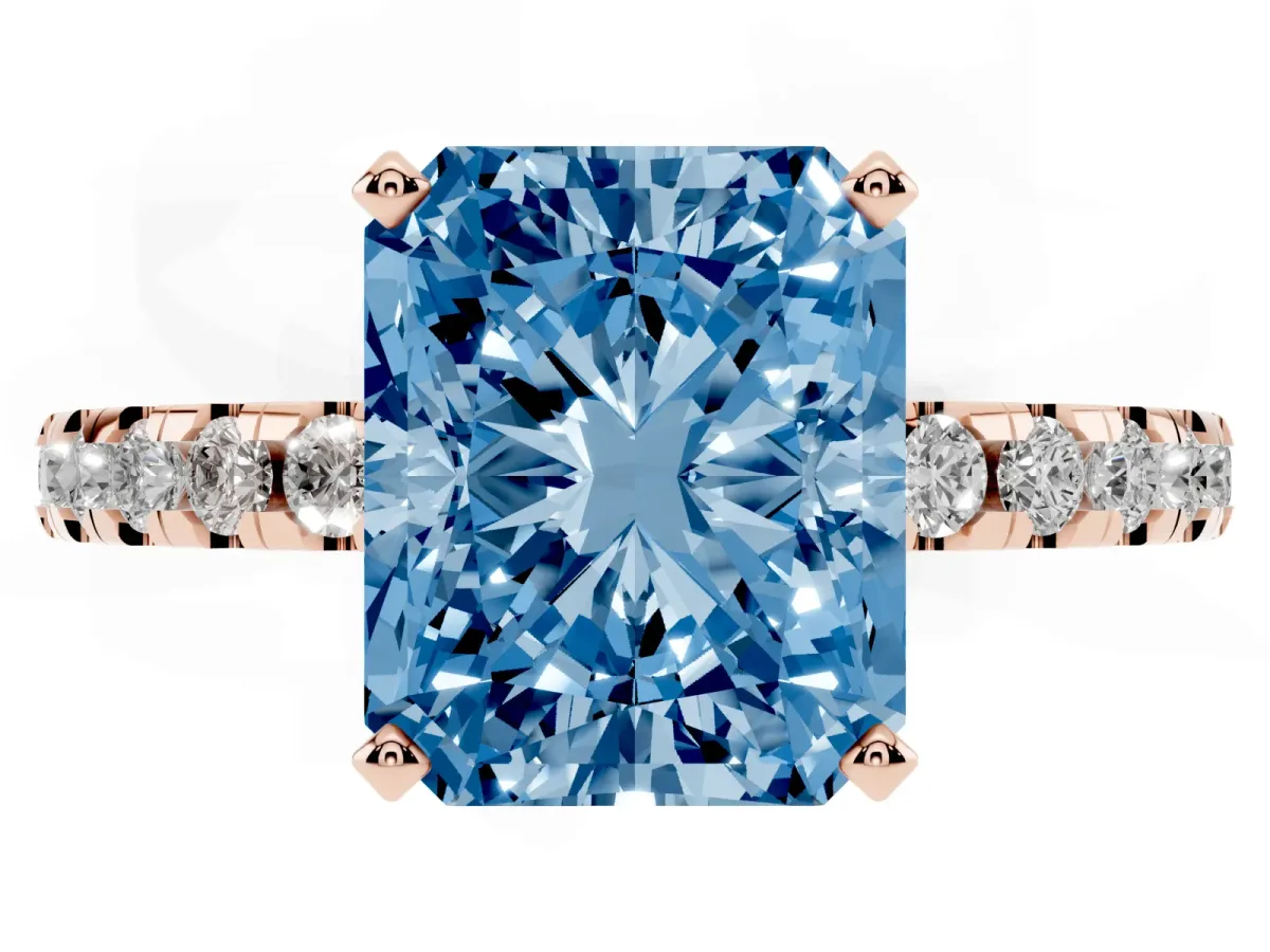 Fancy Blue Radiant Cut Diamond Solitaire Ring with Round Pavé Band and Four-Prong Setting Rose gold