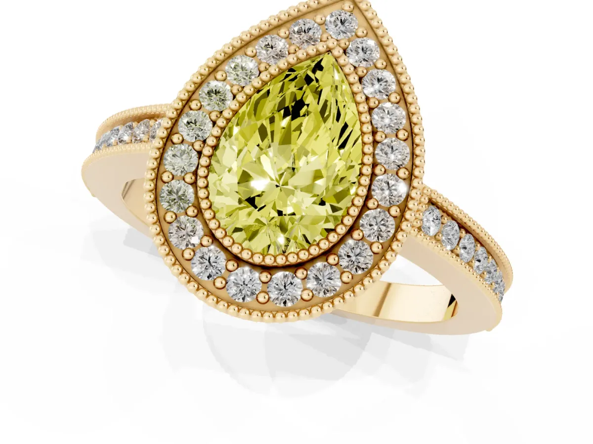 Fancy Yellow Pear Cut Cut Halo Diamond Ring with Pavé Band and Milgrain Prong Setting Yellow gold