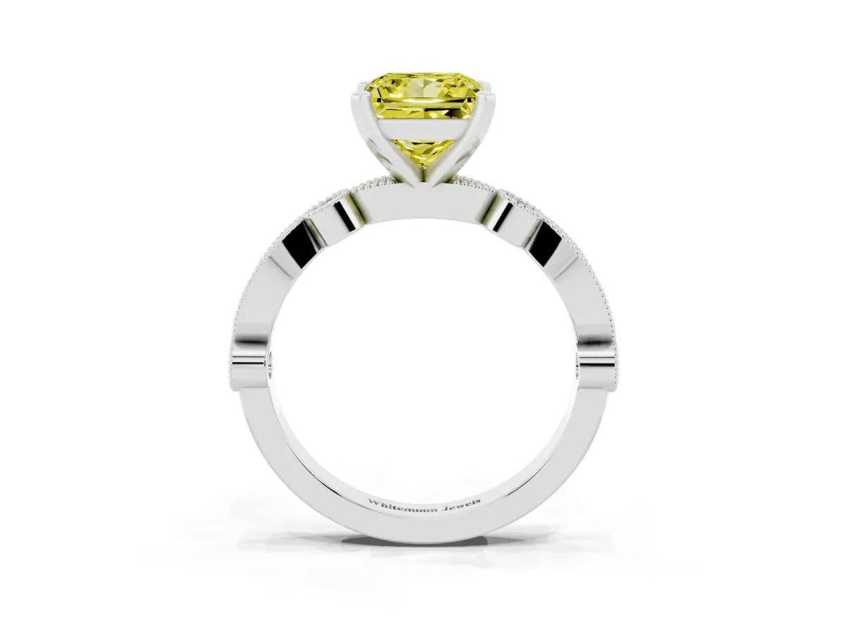 Fancy Yellow Princess Cut Milgrain Bezel Diamond Engagement Ring with Solitaire Prong Setting Silver